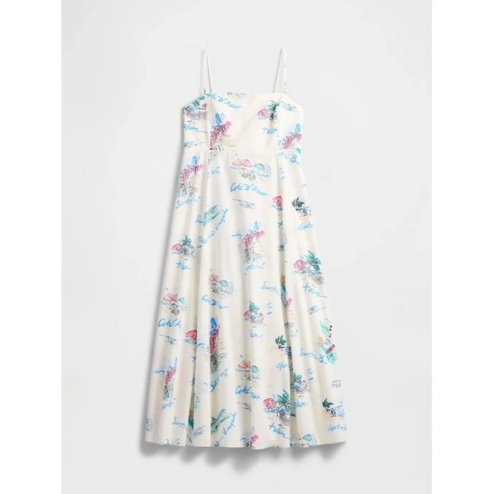 New Gap Dress Medium Fit & Flare Midi Vacationland White Spaghetti Strap Cotton